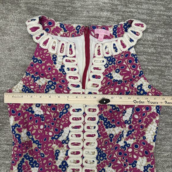 Lilly Pulitzer Dress Womens 12 Pink Blue Shift Sleeveless Lace Trim Printed - Picture 9 of 15